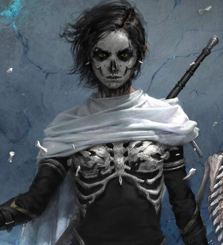picture of harrow from tlt, a young woman with dark hair, brown skin, and skull face paint, staring straight at the viewer